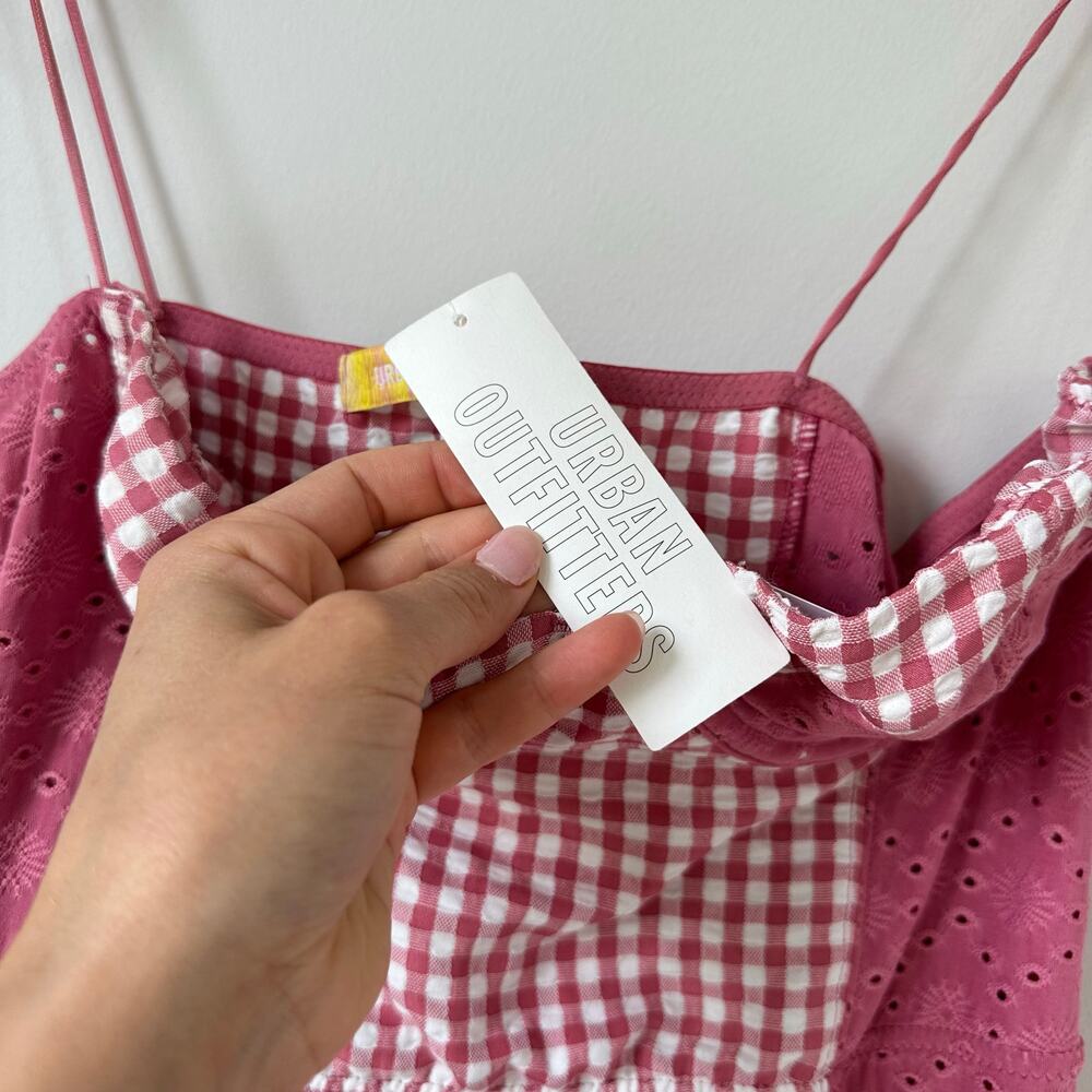 Urban Outfitters Felicity Eyelet Bustier Gingham Print Mini Dress Pink L NWT - Picture 9 of 10